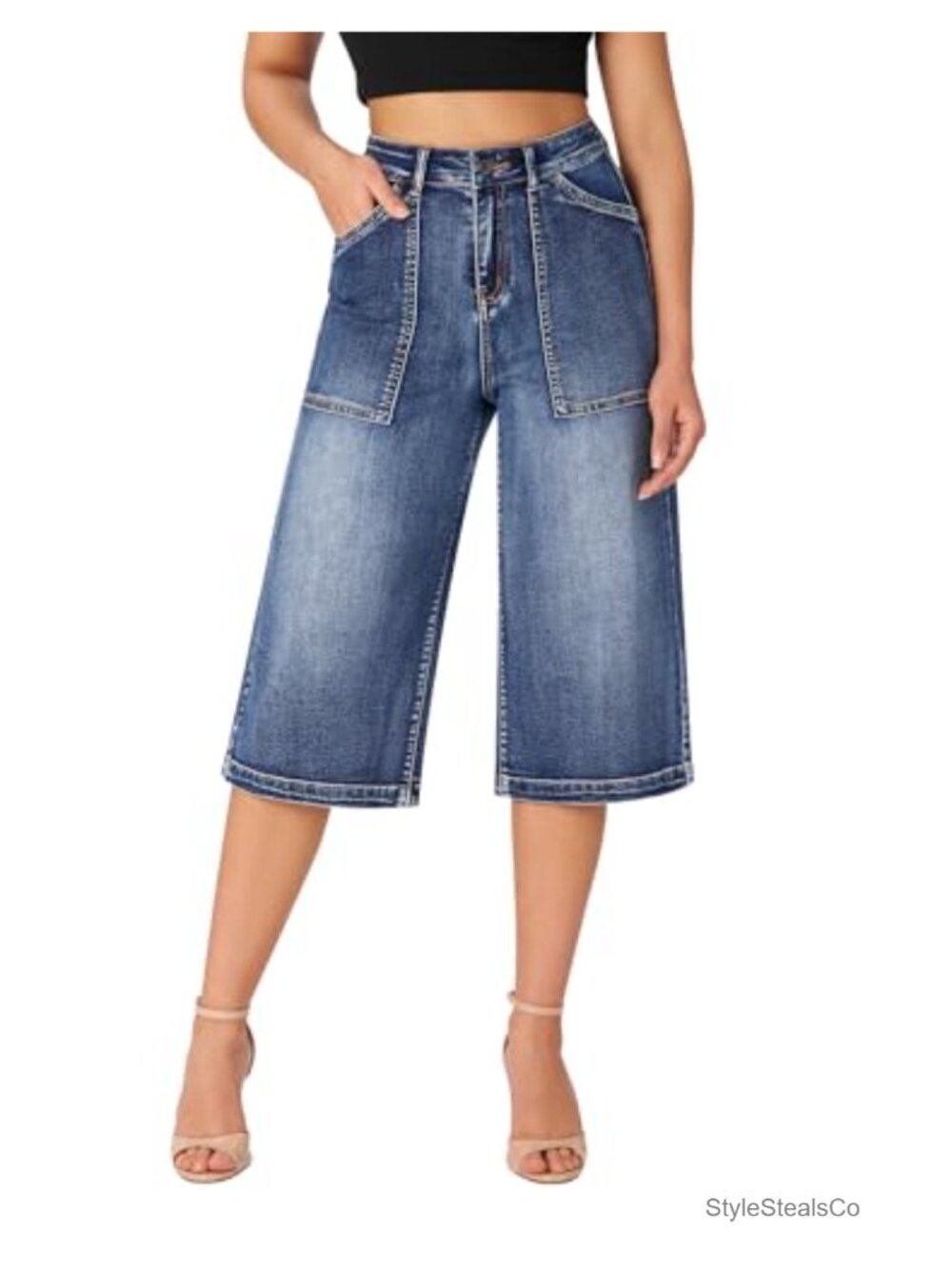 Women's Wide Leg Capri Pants Stretchy High Waisted Loose Denim Jeans